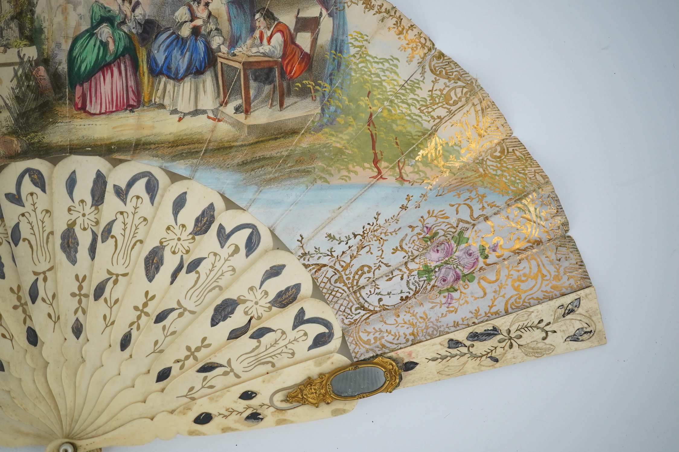 Three French fans: a mother of pearl and sequin fan boxed, a painted silk, feather and bone fan and a gilt decorated bone figural paper fan, the two bone fans having gilt mirrored mounts on the guards, figural paper fan